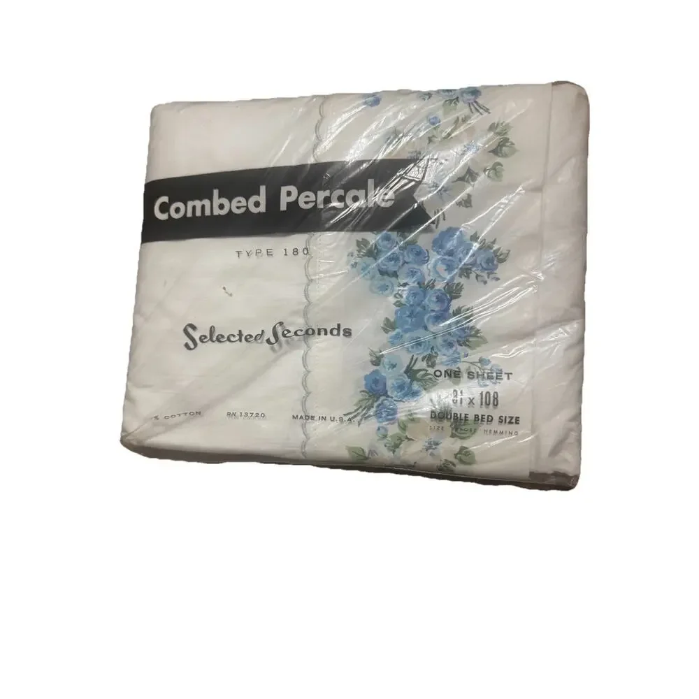Vintage Combed Percale Blue Floral Sheet 81x108 Double Bed NOS USA